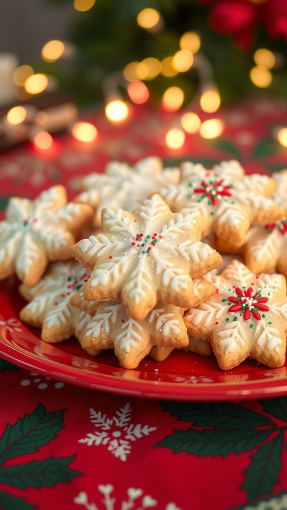 Christmas Aesthetic Snow Cookies Recipe A plate of snow cookies with icing and sprinkles, set on a festive tablecloth with holiday decorations.